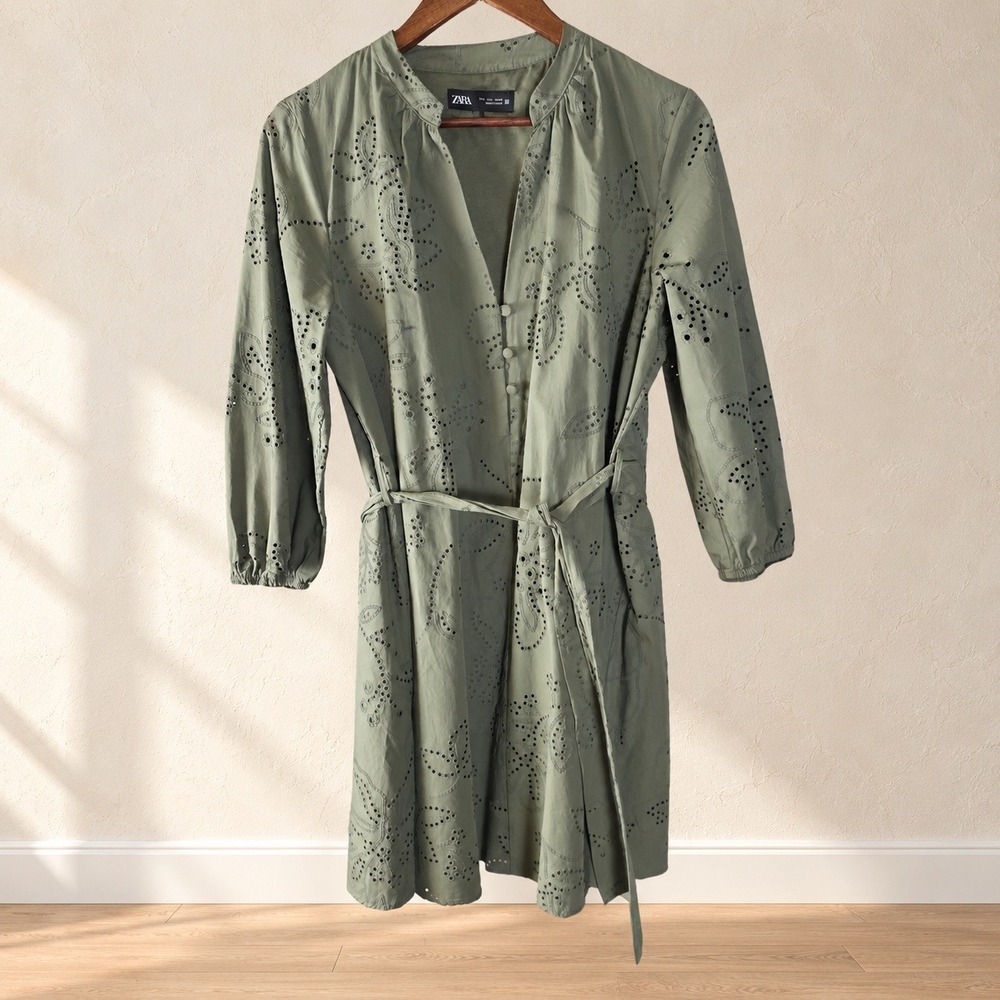 Zara Dress Womens Large Olive Green Floral Eyelet Embroidered Belted Mini Boho